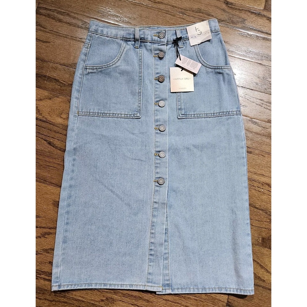 Happily Grey Skirt Jean Button Midi Knee Light Blue Denim ~ Size 1 / 24 XS